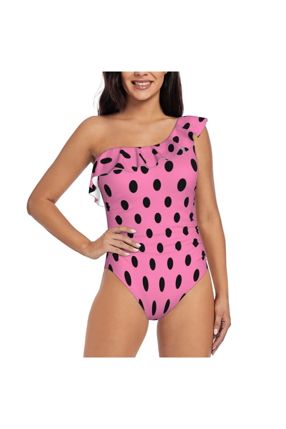 Rose red polka dots Pattern Women One Piece Swimsuits Tummy Control One Shoulder Bathing Suits Ruffle Swimwear-XX-Large