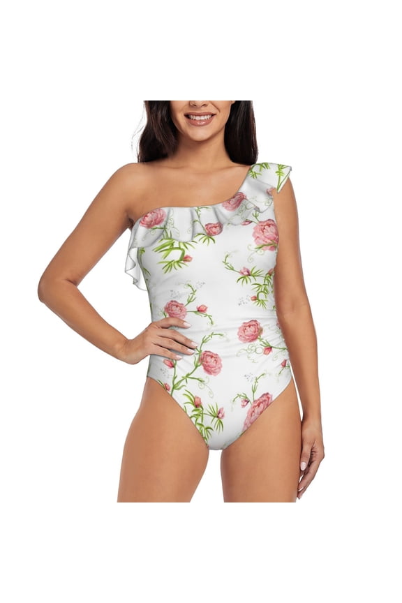 Roses Flowers Pattern Women One Piece Swimsuits Tummy Control One Shoulder Bathing Suits Ruffle Swimwear-Small