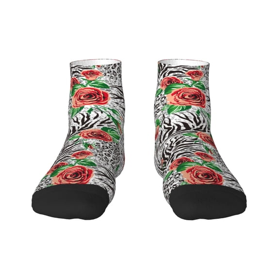 Rateoe Roses Mixed Zebra 1 Pattern Quarter Crew Socks,Toe Seamed Ankle Socks,Cotton Cushioned Breathable Athletic Crew Sports Socks