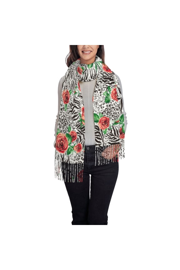 Roses Mixed Zebra 1 Women's Traditional Scarf Wrap Tassel Shawl Fringes Neck Head Shawl Retro Scarf