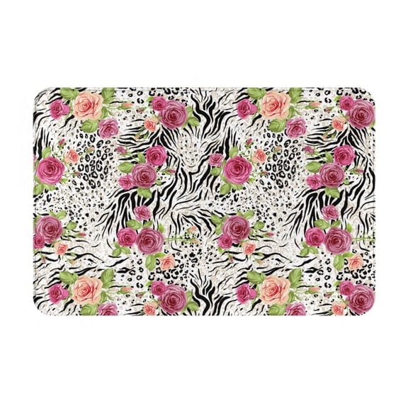 Rateoe Roses Mixed Zebra Pattern Flannel Door Mat Indoor Outdoor Entrance, Waterproof All-Weather Doormat,Fade Resistant, Low Profile Entryway Mat 16x24in