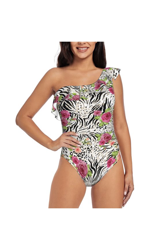 Roses Mixed Zebra Pattern Women One Piece Swimsuits Tummy Control One Shoulder Bathing Suits Ruffle Swimwear-Medium