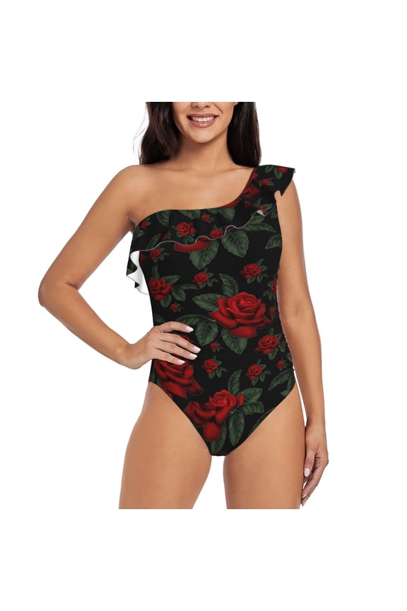 Roses Pattern Women One Piece Swimsuits Tummy Control One Shoulder Bathing Suits Ruffle Swimwear-Medium