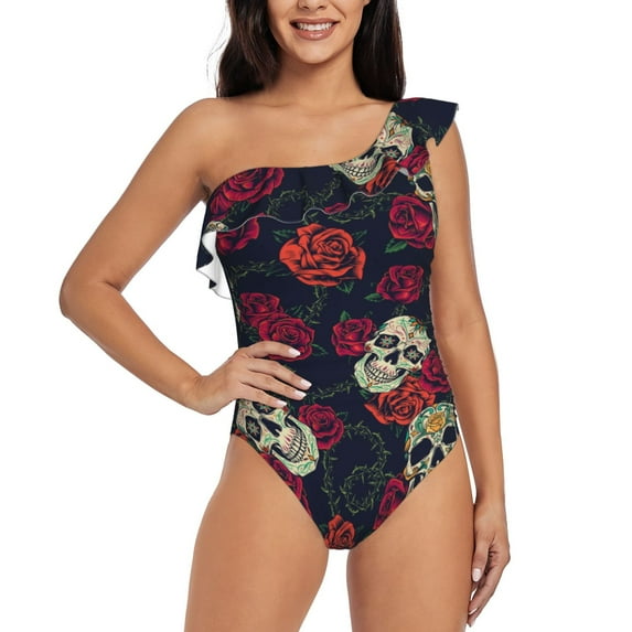 Rateoe Roses Skulls Pattern Women One Piece Swimsuits Tummy Control One Shoulder Bathing Suits Ruffle Swimwear-XX-Large