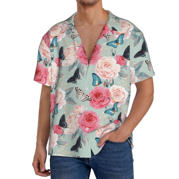 Rateoe Roses and Butterflies Print Mens Front Pocket Hawaiian Shirts Casual Shirts Short Sleeve Button Down Beach Tropical Shirts-Large