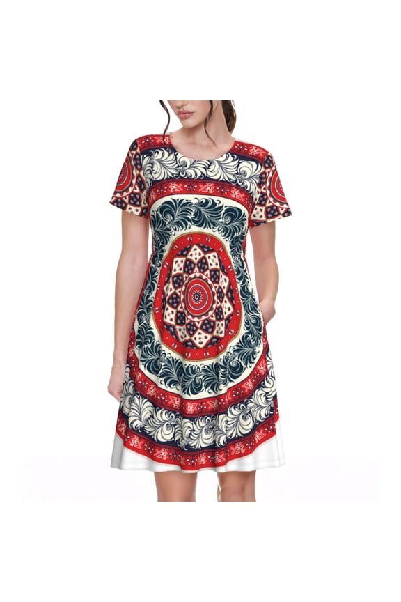 Round Design Pattern Women’s Short Sleeve Dress – Casual Elegant Summer A-Line Dress for Everyday Wear