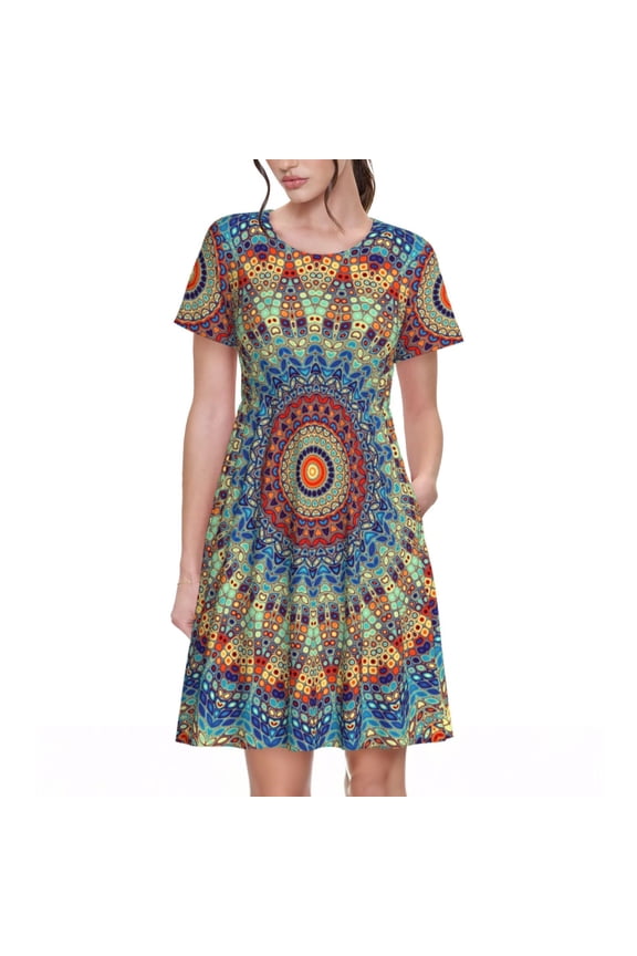 Round Mandala Pattern Women’s Short Sleeve Dress – Casual Elegant Summer A-Line Dress for Everyday Wear