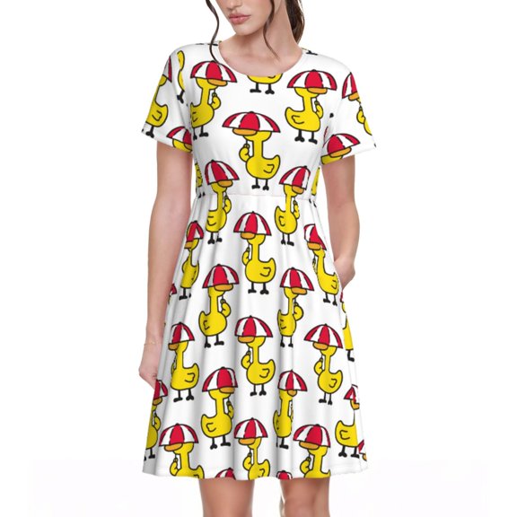 Rateoe Rubber Duck Chicken Bird Pattern Women’s Short Sleeve Dress – Casual Elegant Summer A-Line Dress for Everyday Wear