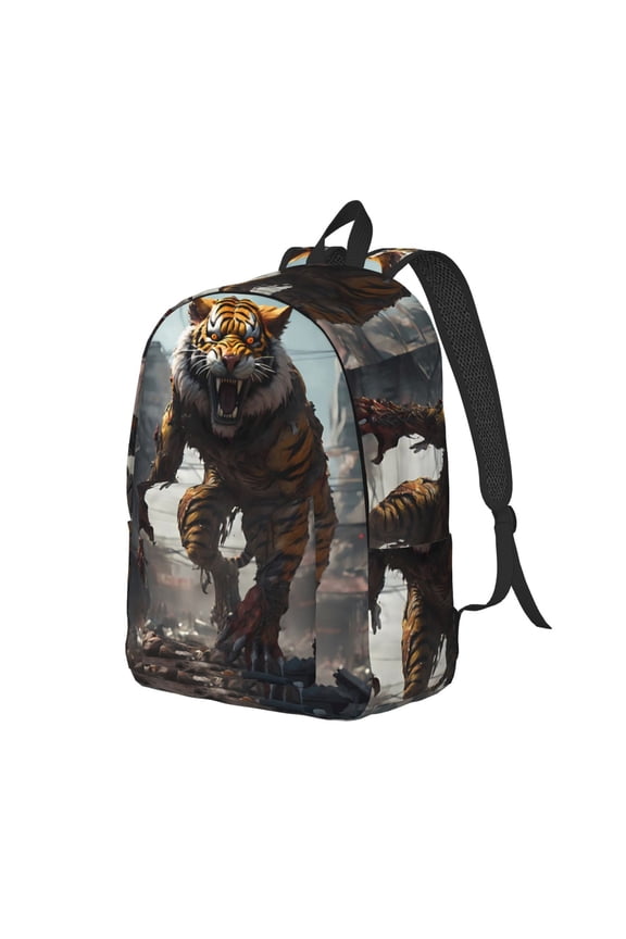 Ruins Tiger Warrior Pattern Durable Canvas Backpack for Men & Women – Stylish & Lightweight – Adjustable Straps, Multiple Pockets – Fits 15-17 Inch LaptopsSmall