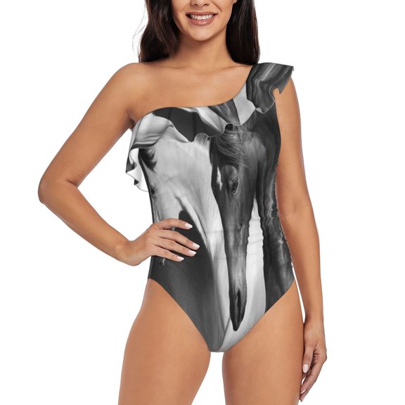 Rateoe Running horses Pattern Women One Piece Swimsuits Tummy Control One Shoulder Bathing Suits Ruffle Swimwear-X-Large