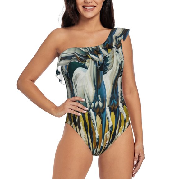 Rateoe Running horses Pattern Women One Piece Swimsuits Tummy Control One Shoulder Bathing Suits Ruffle Swimwear-