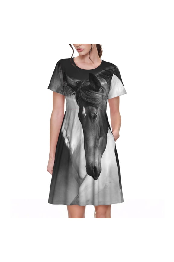 Running horses Pattern Women’s Short Sleeve Dress – Casual Elegant Summer A-Line Dress for Everyday Wear