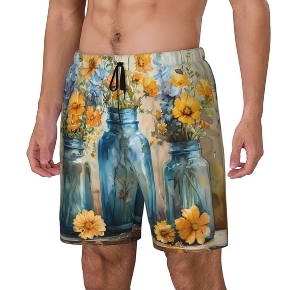 Rateoe Rustic Blue Vase Blossoms Pattern Men’s Swim Shorts with Compression Liner – Double-Layered Quick-Dry Swimwear, Comfortable & Stretchy Beach Shorts-3X-Large