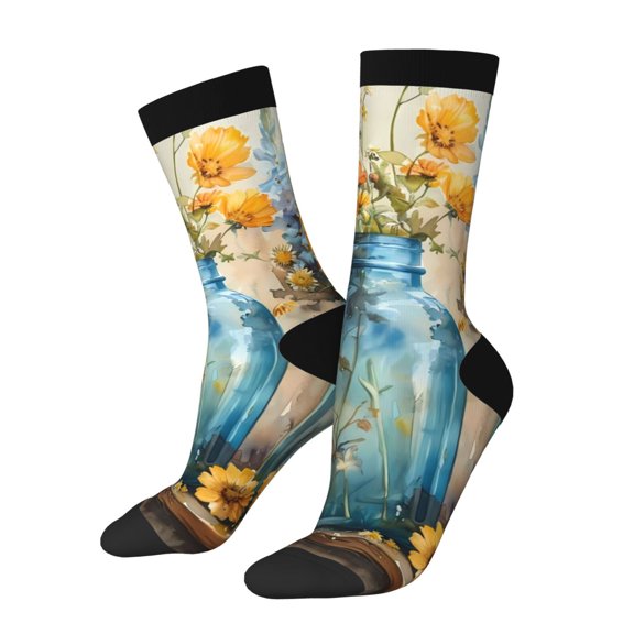 Rateoe Rustic Blue Vase Blossoms for Women Casual Calf Socks - Cute Crew Socks - Thin Soft Above Ankle Socks Size 5-11