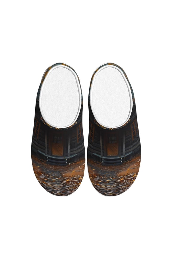 Rustic Cabin Autumn Forest Print Women's Men's Cotton Knit Slippers Lightweight Memory Foam Indoor House Shoes with Anti-Skid Sole-35/36