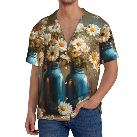 Rateoe Rustic Daisy Mason Jars Pattern Men's Short Sleeve Classic Shirt, Casual Short-Sleeved Shirt, Lightweight Summer Shirt, Cuban Collar Shirt,Button-Front Shirt-Large
