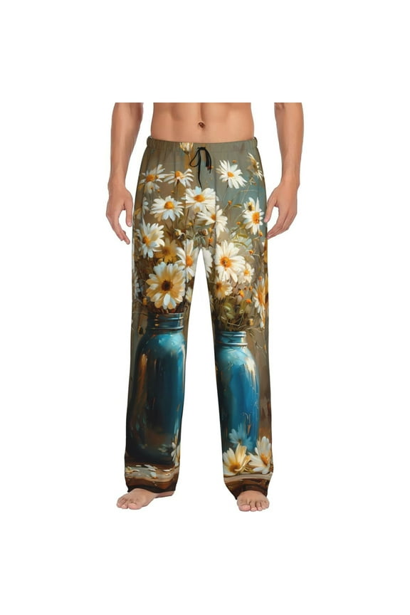 Rustic Daisy Mason Jars Pattern Men’s Ultra-Soft Comfy Pajama Lounge Pants Sleepwear,Comfortable Lounge Wear,lightweight Pajamas, Casual Home Wear-Large
