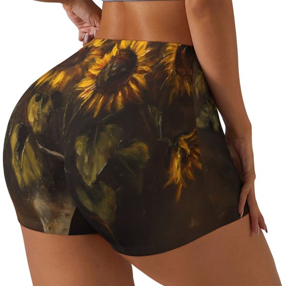 Rateoe Rustic Sunflower Bouquet Printed Power Workout Shorts for Women Tummy Control Squat Proof Ribbed Thick Seamless Scrunch Active Short-Small