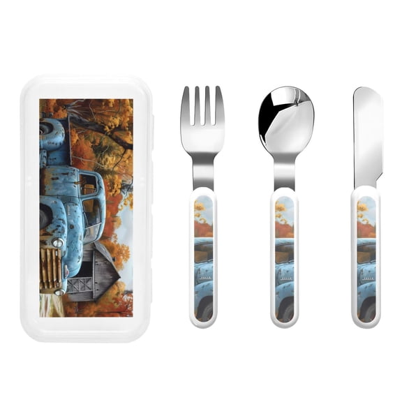 Rateoe Rustic Vintage Truck Autumn for Stainless Steel Kids Silverware Set - Child and Toddler Safe Flatware - Children's Knife, Fork And Spoon Set