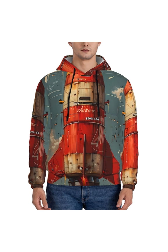 Rusty Rocket Launch Pattern Mens Hoodie, Pullover Hooded Sweatshirt, Kangaroo Pocket Hoodie Ideal for Daily Wear, Travel and Home-X-Large
