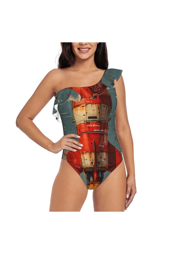 Rusty Rocket Launch Pattern Women One Piece Swimsuits Tummy Control One Shoulder Bathing Suits Ruffle Swimwear-