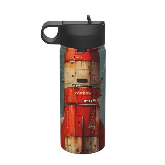 Rateoe Rusty Rocket Launch Printed 18oz Sports Insulated Water Bottle, Double-Walled Stainless Steel Kettle with Leak-Proof Straw Lid, Portable & BPA-Free for Outdoor, Gym, Camping, and Travel