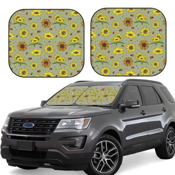 Rateoe Sage Green With Sunflowers Pattern 2 Piece Car Windshield Sun Shade Foldable | Front Windshield Shade for Sun, Heat and UV Rays | Sunshade for Car Front Window-Small