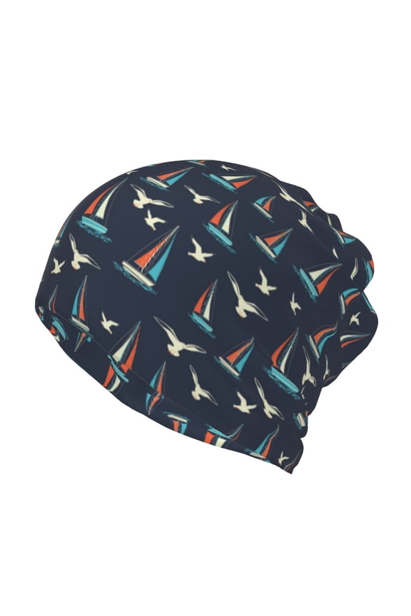 Sailboat And Seagull Cotton Slouchy Beanie Hat for Men/Women,Lightweight Oversize Large Thin Skull Cap Night Sleeping Cap