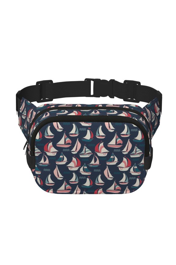 Sailboat And Wave Print Fanny Pack Belt Bag for Women and Men, Square Double-Layer Waterproof Waist Pack with Adjustable Strap for Hiking, Jogging, Cycling