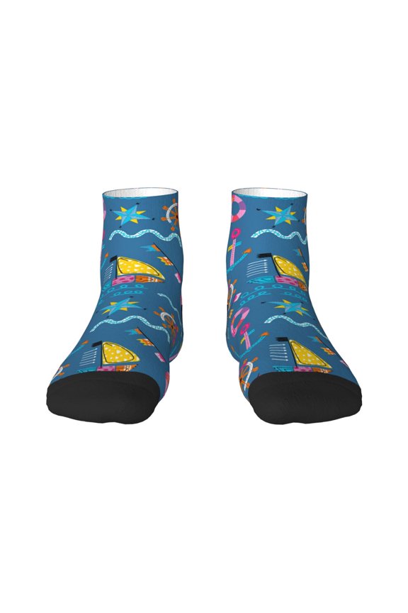 Sailboat With Sailing Pattern Quarter Crew Socks,Toe Seamed Ankle Socks,Cotton Cushioned Breathable Athletic Crew Sports Socks