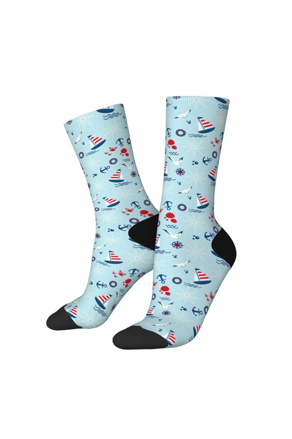 Sailboats Anchors for Women Casual Calf Socks - Cute Crew Socks - Thin Soft Above Ankle Socks Size 5-11