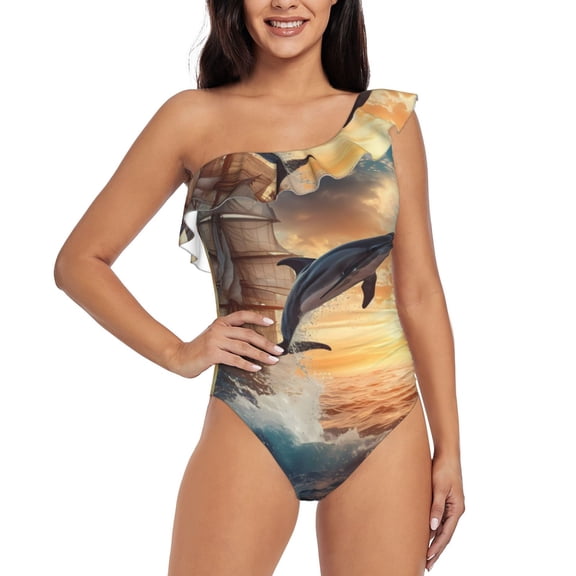 Rateoe Sailing Dancing Dolphin Pattern Women One Piece Swimsuits Tummy Control One Shoulder Bathing Suits Ruffle Swimwear-