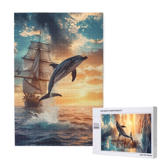 Rateoe Sailing Dancing Dolphin Pattern Wooden Picture Puzzle ,1000 Piece Jigsaw Puzzle ,Family Fun Puzzle, Home Dcor Puzzle, Gift Puzzle(Vertical style)