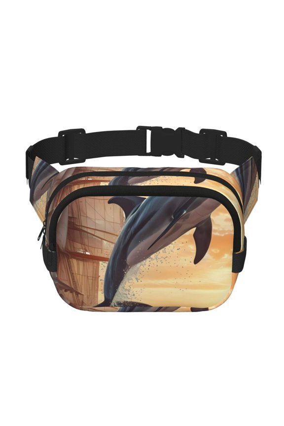 Sailing Dancing Dolphin Print Fanny Pack Belt Bag for Women and Men, Square Double-Layer Waterproof Waist Pack with Adjustable Strap for Hiking, Jogging, Cycling