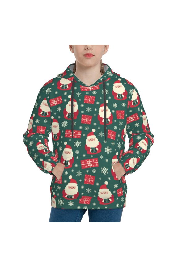 Santa Claus Pattern Boys Hoodie, Youth Pullover Hooded Sweatshirt, Kangaroo Pocket Hoodie for Kids-Large