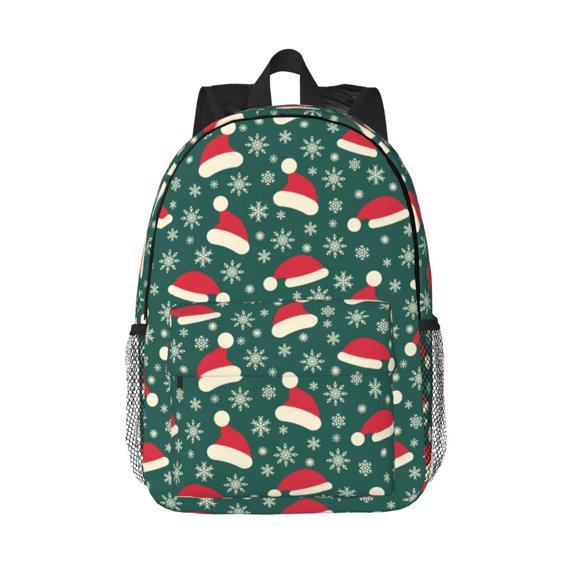 Rateoe Santa Hat Joy Green Festive Pattern Student Backpack Water-resistant Backpack 15-inch Laptop Backpack Lightweight Adjustable School Backpack