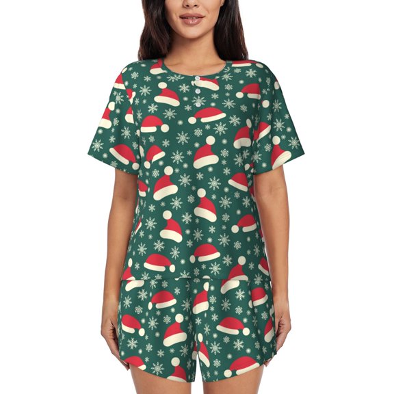 Rateoe Santa Hat Joy Green Festive Pattern Women's Short-Sleeved Pajama Set - 2 Piece Soft and Lightweight Sleepwear Set-Large