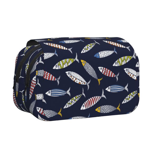 Rateoe Sardine Pattern Double Clamshell Pen Case, Storage Organizer with Two Zipper Compartments Holds Up to 50 Pencils & Pens