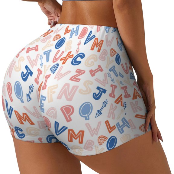 Rateoe Scandinavian Alphabet Printed Power Workout Shorts for Women Tummy Control Squat Proof Ribbed Thick Seamless Scrunch Active Short-X-Large