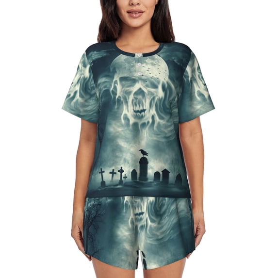 Rateoe Scary Moon And Clouds Pattern Women's Short-Sleeved Pajama Set - 2 Piece Soft and Lightweight Sleepwear Set-Medium