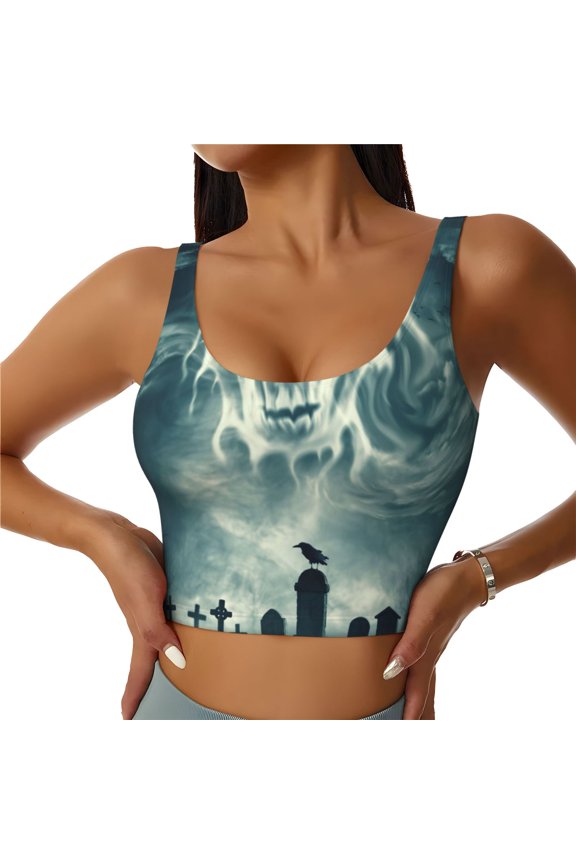 Scary Moon And Clouds Print Womens' Sports Bras Scoop Neck Sports Vest- Padded U Back Seamless High Impact Support-