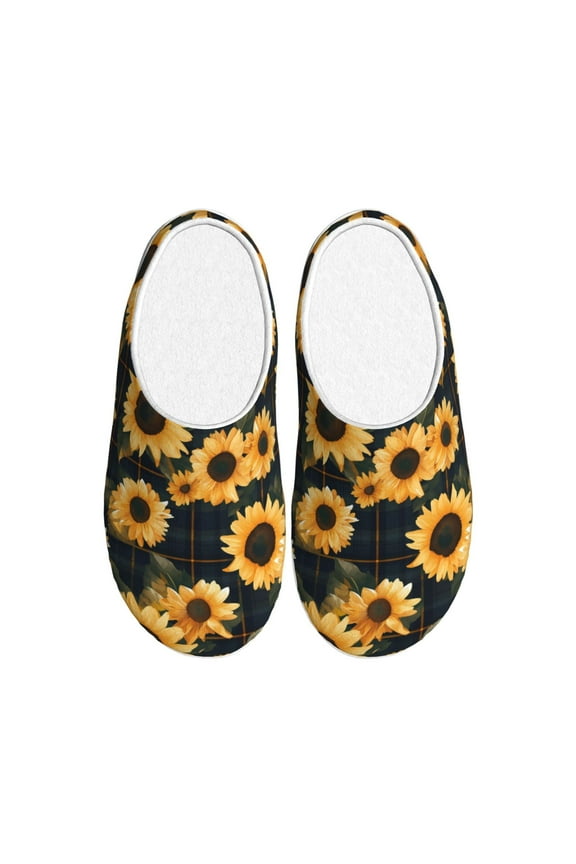 Scottish Blue Plaid Sunflower Print Women's Men's Cotton Knit Slippers Lightweight Memory Foam Indoor House Shoes with Anti-Skid Sole-44/45