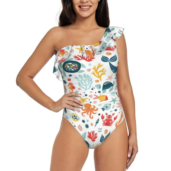 Rateoe Sea Animal Pattern Women One Piece Swimsuits Tummy Control One Shoulder Bathing Suits Ruffle Swimwear-
