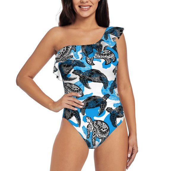 Rateoe Sea Animal Pattern Women One Piece Swimsuits Tummy Control One Shoulder Bathing Suits Ruffle Swimwear-