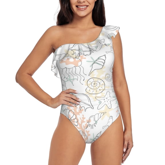 Rateoe Sea Animals Pattern Women One Piece Swimsuits Tummy Control One Shoulder Bathing Suits Ruffle Swimwear-