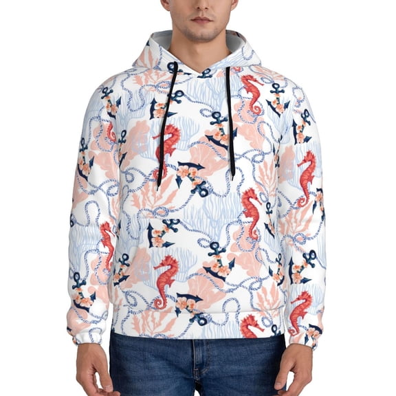 Rateoe Sea Horse And Corals Pattern Mens Hoodie, Pullover Hooded Sweatshirt, Kangaroo Pocket Hoodie Ideal for Daily Wear, Travel and Home-4X-Large
