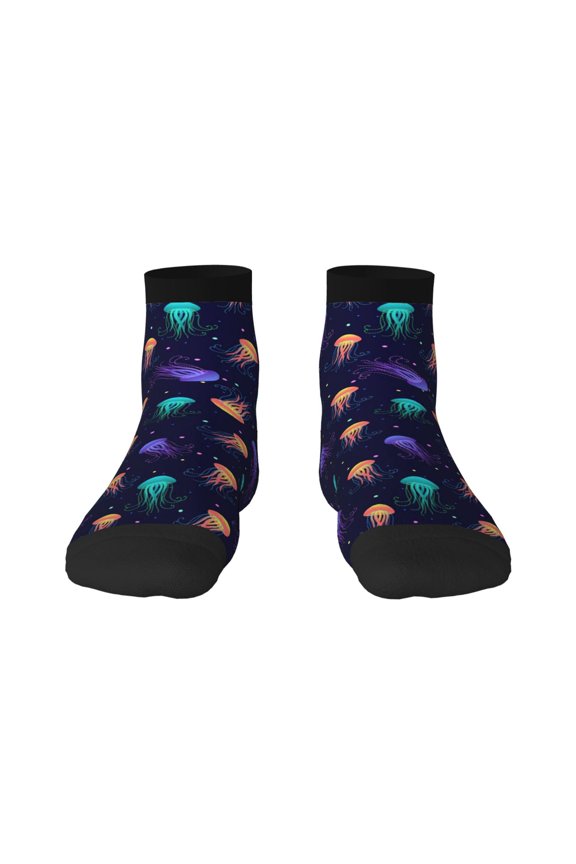 Sea Jellyfish Pattern Quarter Crew Socks,Toe Seamed Ankle Socks,Cotton Cushioned Breathable Athletic Crew Sports Socks