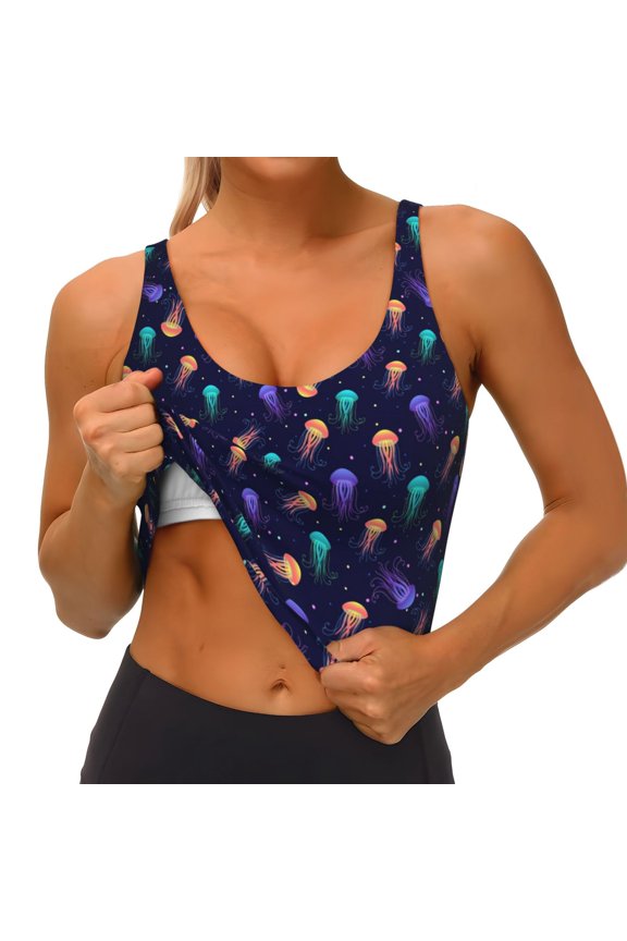 Sea Jellyfish Print Womens' Sports Bras Scoop Neck Sports Vest- Padded U Back Seamless High Impact Support