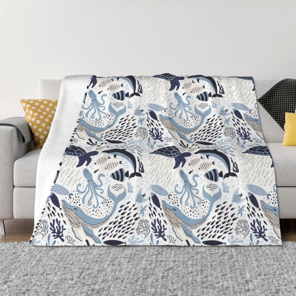Rateoe Sea Life Elements Pattern Flannel Throw Blanket, Ultra-soft Blanket for Bed, Couch, Car, Hypoallergenic Anti-pilling blanket-