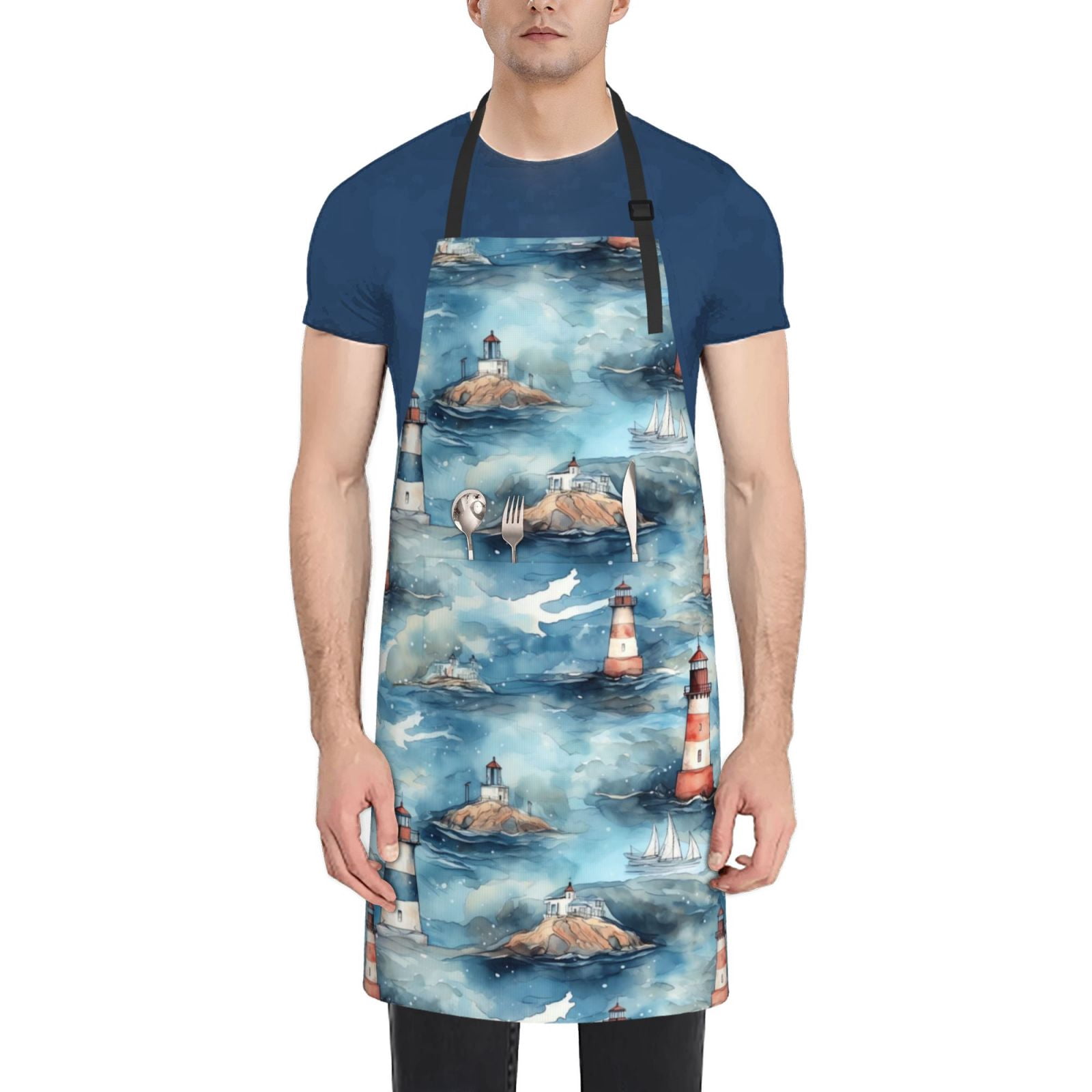 Rateoe Sea Marine And Lighthouse Aprons with Pocket,Men Womens Aprons Waterproof Adjustable Cooking Aprons for Kitchen Gardening and Salon